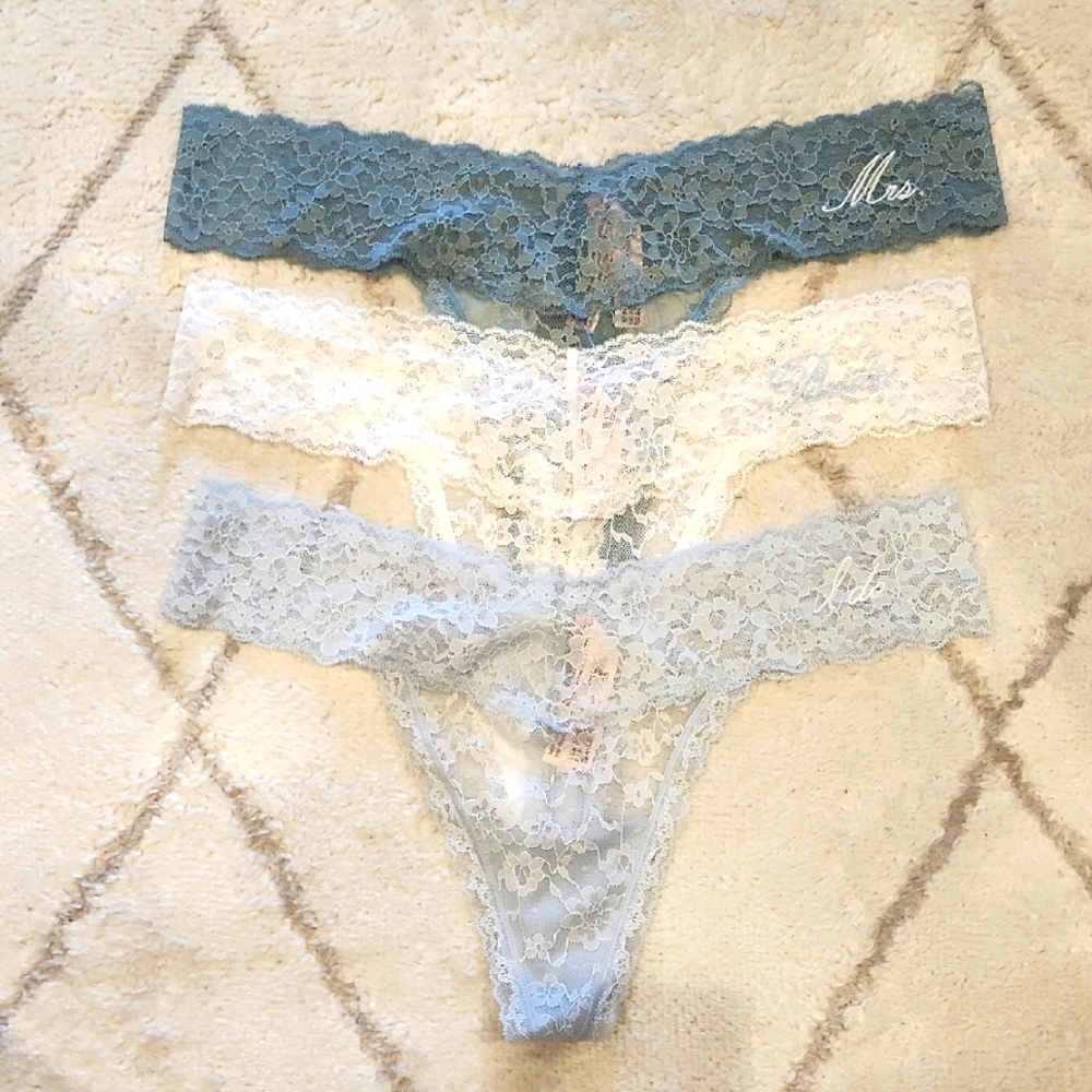 Vs Lace Something Blue Thong Panty Wedding I Do Mrs Bride Set L LARGE